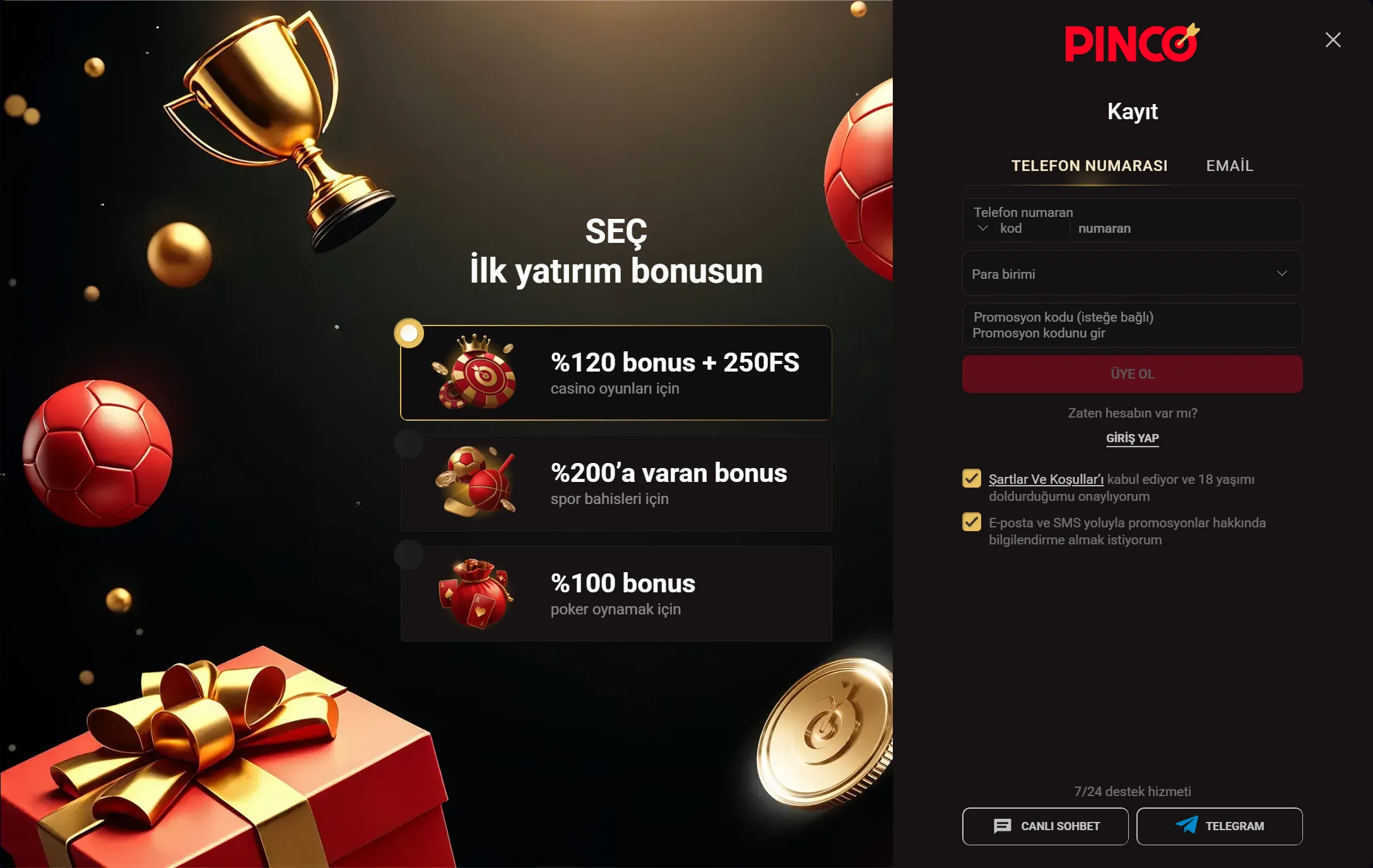 Kayıt ve giriş Pinco Casino download sonrası